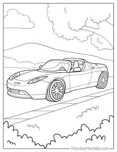 a coloring page with a sports car driving down the road in front of mountains and clouds