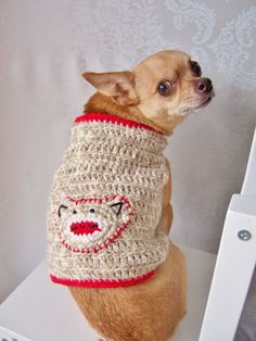 a small dog wearing a crocheted sweater with a monkey on it's chest