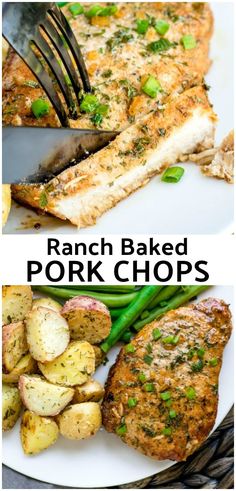 this is an image of ranch baked pork chops with potatoes and asparagus