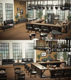 two pictures of the same living room and dining area