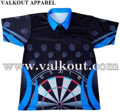 a black and blue polo shirt with darts on the front, an arrow in the middle