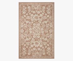 an area rug with flowers and leaves on the side, in beige tones against a white background