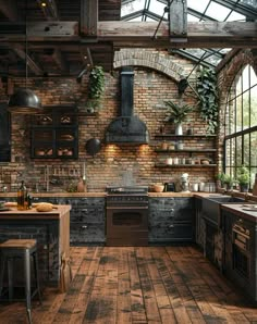 an industrial style kitchen with exposed brick walls and wood flooring is shown in this image