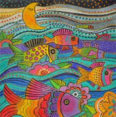 a painting of colorful fish in the ocean with moon and stars on it's side