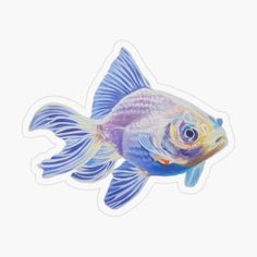 a blue and yellow fish sticker on a white background