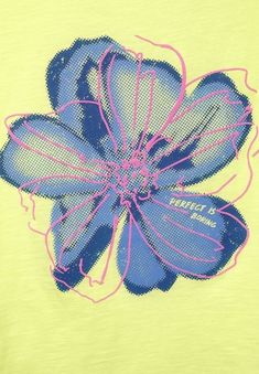 a blue flower on a yellow shirt with pink threadwork in the middle and bottom