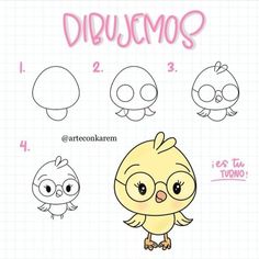 the instructions for how to draw an adorable little bird with different facial expressions and head shapes