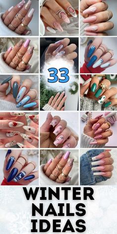 Gel Nails With Designs, Winter Long Nails, Nail Inspo Almond Winter, Natural Nail Extensions, Almond Nails With Rhinestones, Gel Nails Almond Shape, Blue Winter Nails, Acrylic Almond Nails, Winter Nails Ideas