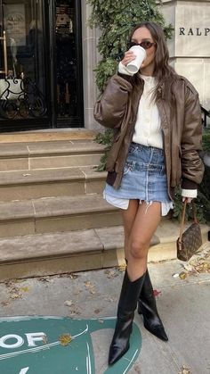 The Hunt Outfits, Nyc Fall Aesthetic Fashion, Cool Sweater Vest Outfit, Coastal Edgy Outfit, Denim Skirt Tall Boots Outfit, 2023 Nyc Fashion, Fall 2023 Aesthetic Outfits, Utility Jacket Street Style, London Girl Aesthetic Outfit