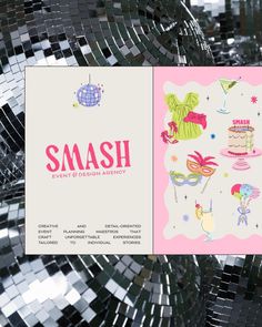 a greeting card with an image of a cake and mash on it, surrounded by disco balls