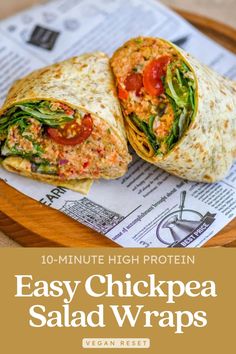 an easy chickpea salad wraps recipe on a cutting board with the title overlay