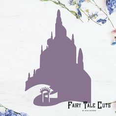 the silhouette of a castle is shown on a white background with blue and purple flowers