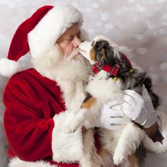 a man dressed as santa claus kissing his dog