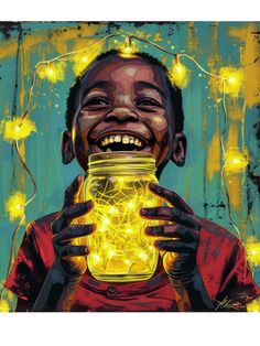 a painting of a boy holding a jar with lights around it and smiling at the camera