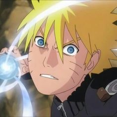 an anime character with blonde hair and blue eyes holding a glowing orb in his hand