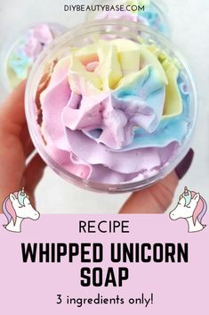 the recipe for whipped unicorn soap in a glass bowl