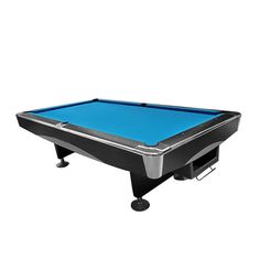 a pool table with a blue cloth on the top and black legs, in front of a white background