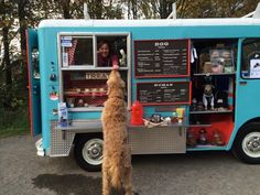 a dog standing in front of a blue food truck with menus on it's side