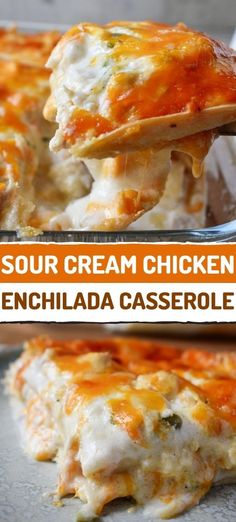 a close up of a piece of chicken enchiladas on a plate with text overlay