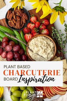 plant based charcuterie board inspiration. Cutting board with apples, green olives, grapes, snow peas, fresh strawberries and dairy free cashew cheese. Charcuterie Board Vegan Ideas, Charcuterie Vegan Board, Organic Charcuterie Board, Plant Based Party Food, Plant Based Appetizers Parties, Plant Based Charcuterie Board, Vegetarian Charcuterie Board Ideas, Plant Based Appetizers, Charcuterie Board Vegan