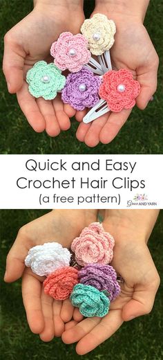 crochet flower hair clips are shown in two different pictures, one is pink and the other is green