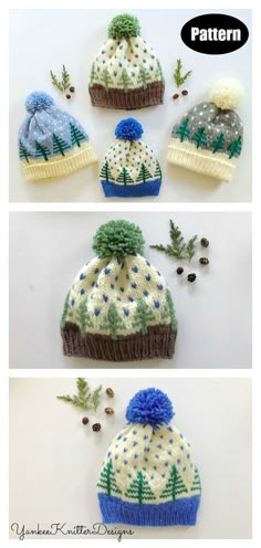 three knitted hats with different colors and designs on them, one is green, the other is blue