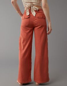 AE Dreamy Drape Linen-Blend Baggy Wide-Leg Cargo Pant Cute Hiking Pants, Burnt Orange Wide Leg Pants Outfit, Elastic Waist Wide Leg Pants, Colorado Fashion Summer, Wide Leg Work Outfit, Women’s Pants, Pants For Apple Shaped Women, Casual Khaki Pants Outfit, Linen Cargo Pants Outfit