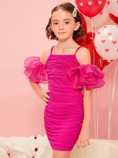 Short Dresses For Kids, Pink Dress For Kids, Red Party Dress Short, Red Dresses For Kids, Ruched Mesh Dress, Pink Dresses For Kids, Short Red Prom Dresses