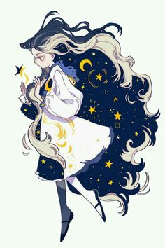 a drawing of a girl with long hair and stars in her hair, flying through the air