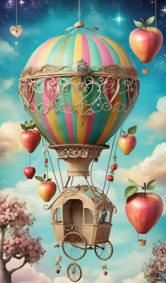 an artistic painting of a hot air balloon with apples in the sky and a birdcage attached to it