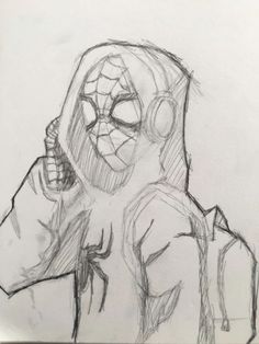 a drawing of a spider man with headphones and a hoodie over his face