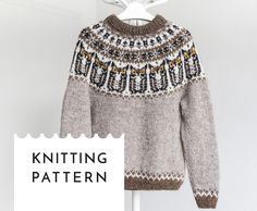 a knitted sweater hanging on a clothes hanger with the text knitting pattern below it