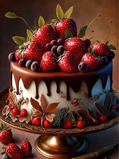 a painting of a cake with strawberries and cherries on top, surrounded by berries