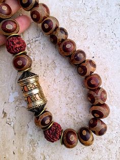 Red Necklace Statement Necklace Dzi Necklace Tibetan Rudraksha Necklace, Chunky Stone Necklace, Prayer Wheel, Antique Silver Earrings, Rudraksha Beads, Bracelets Beads, Brown Necklace, Protection Amulet, Carved Bone