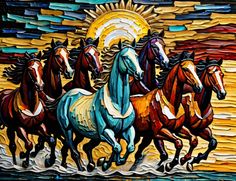 Seven, 7, white horses, running horses, horses, landscape, painting, sun, water, trees, clouds, buy, sell, vivid, brush strokes, brush pallet Horses Running Drawing, 7 Horses Running Painting Vastu, Horse Running Drawing, Seven Horses Painting, Exterior Wall Art, Igcse Art