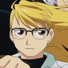 an anime character with glasses and blonde hair