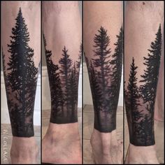 three different views of trees on the legs, one is black and grey with white ink