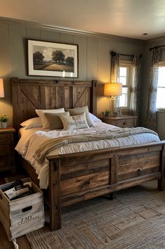 a bedroom with a bed, dresser and window