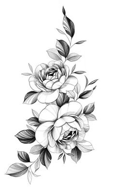 a black and white drawing of flowers with leaves on the bottom half of each flower