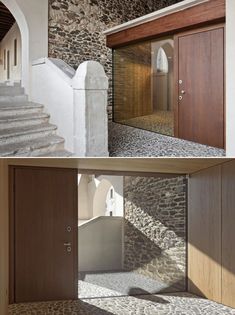 two photos of the inside and outside of a house with stone walls, doors, and stairs