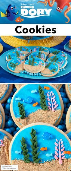 cookies decorated with sea life are on display in front of an ocean scene and the words dory cookies