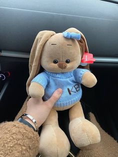 a person is holding a stuffed animal in their car's seat, while wearing a blue sweater