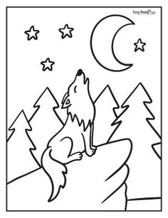 a black and white drawing of a wolf sitting on top of a mountain at night