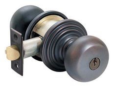 an image of a door knob with a key on the front and side lock in black