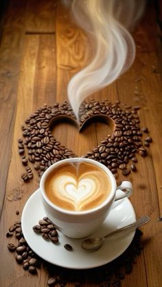 a cup of coffee on top of a saucer with steam coming out of it