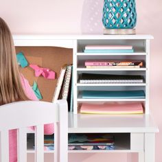 Create the perfect study space in any kid's bedroom with the Guidecraft Media Desk. A storage hutch with included corkboard encourages children to personalize their desk and curate a space that inspires learning! Keep papers and books organized using the variety of storage shelves. Encourage focus and creativity while children create, draw, read or do homework using the large open worksurface. Kids Writing Desk, Girls Desk, Desk And Hutch, Wooden Study Table, Study Computer, Study Table And Chair, Girl Desk, Childrens Desk, Kids Playroom Furniture