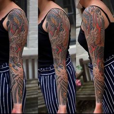 the woman is showing off her sleeve tattoos