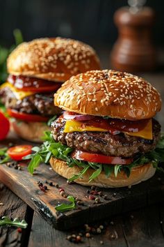 two hamburgers sitting on top of a wooden cutting board