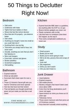 the 50 things to declutter right now list is shown in pink and blue