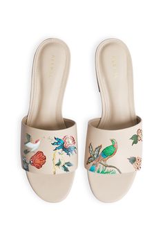 Painted Slides Shoes, Spring Slides With Non-slip Design, Spring Hand Painted Open Toe Sandals, Summer Slip-on Flats With Floral Embroidery, Casual Floral Print Slip-on Sandals, Leather Painting, Black Slides, Slip On Mules, Leather Paint